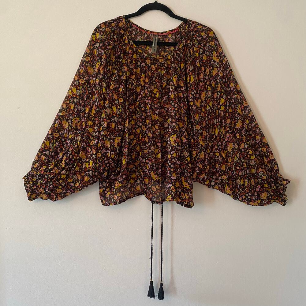 Anthropologie Pauline Black Floral Sheer Balloon Sleeve Blouse Boho Fairy Large
